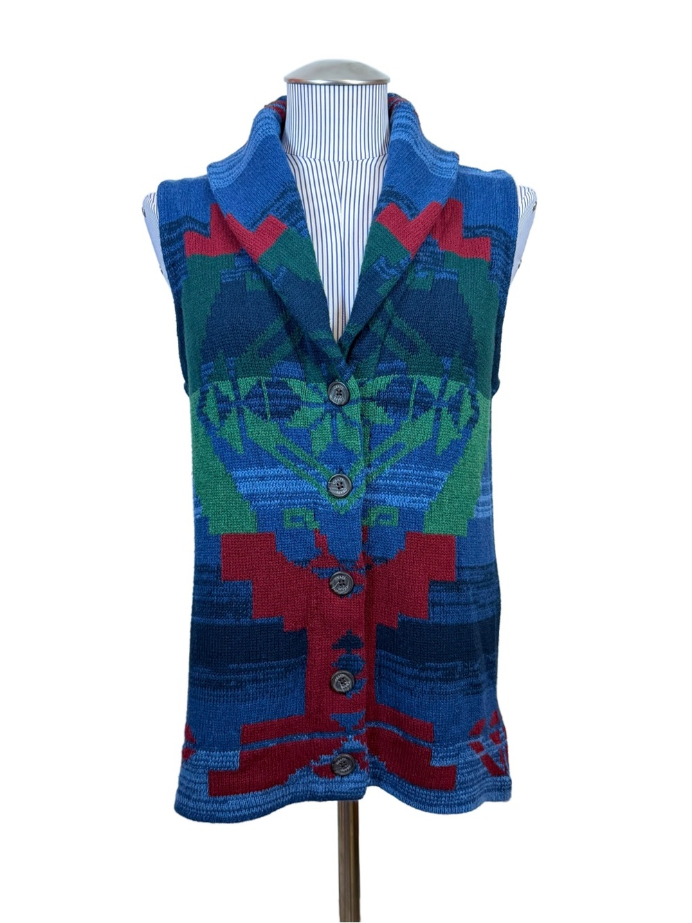 Vintage Aztec Vest M Chaps Denim Southwestern Knit Sweater Shawl Collar Cotton